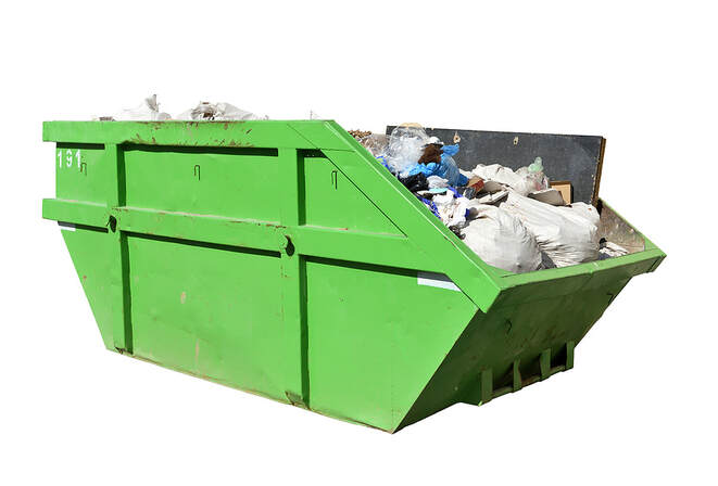 An isolated green dumpster for municipal or industrial waste is shown on a white background.